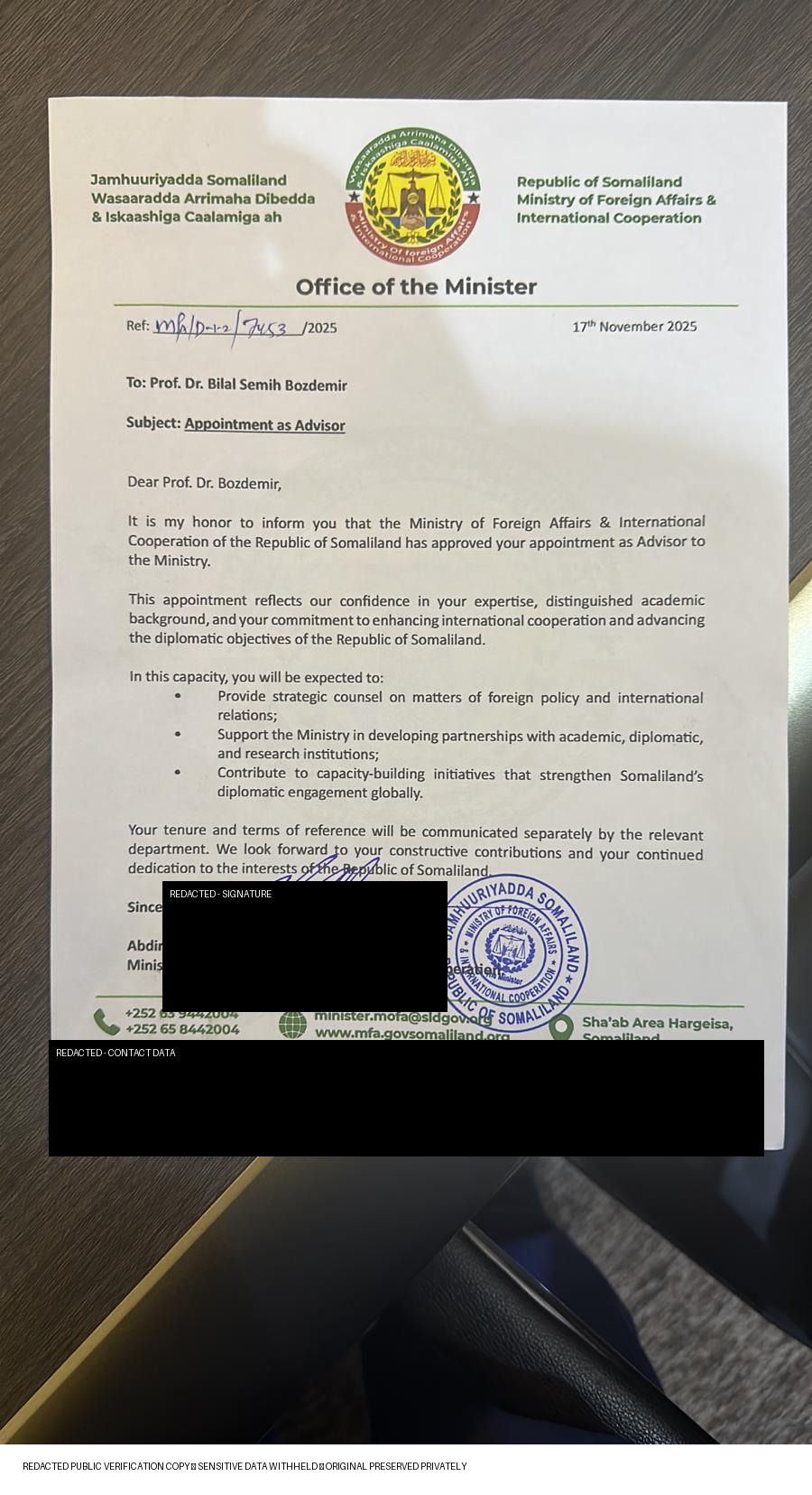 Public-safe Somaliland Ministry of Foreign Affairs Appointment as Advisor dated 17 November 2025