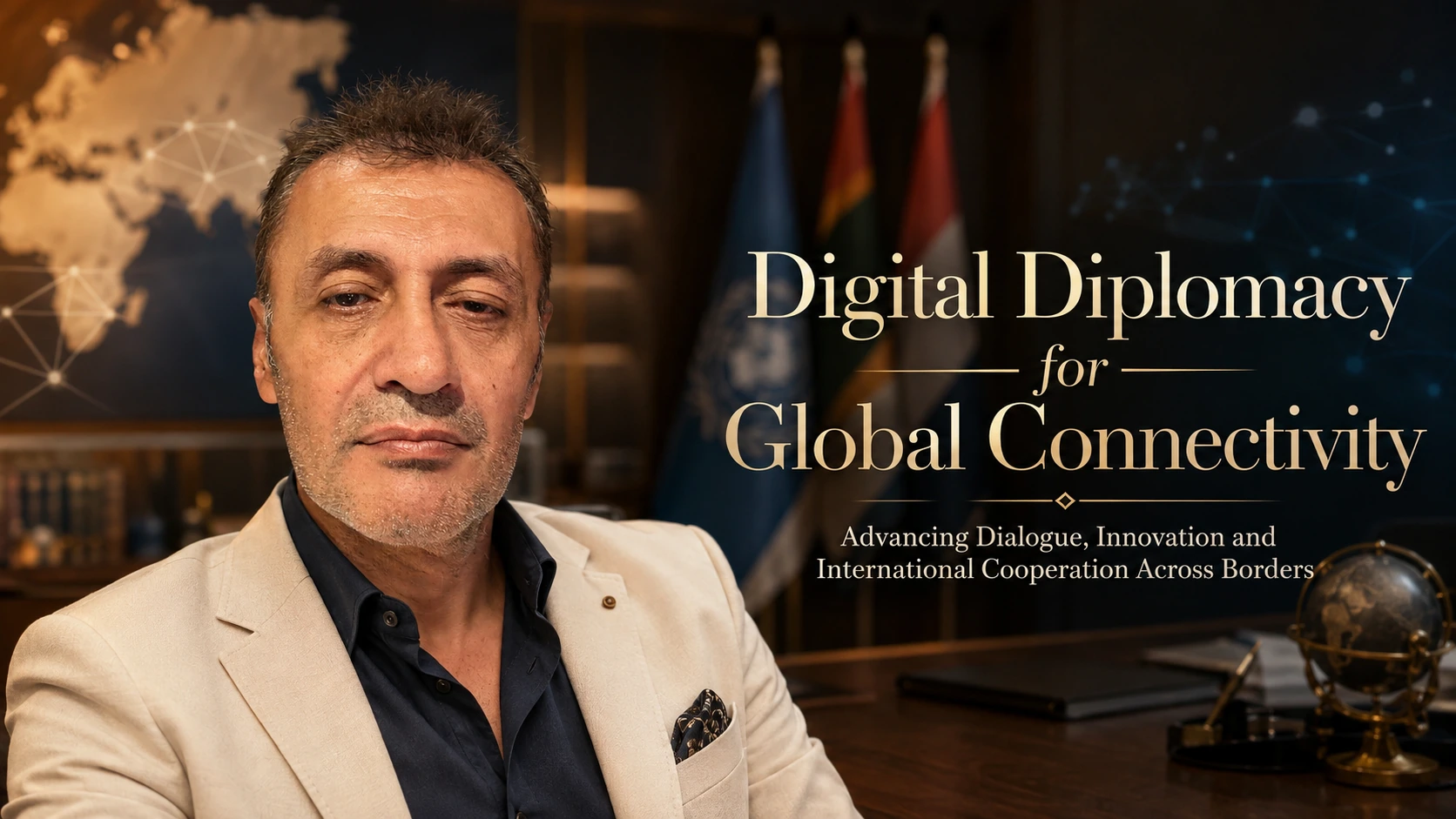 Digital Diplomacy for Global Connectivity cover featuring Prof. Dr. Bilal Semih Bozdemir with a global network map and international dialogue setting.