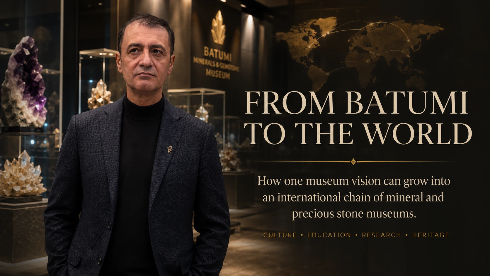 From Batumi to the World cover featuring Prof. Dr. Bilal Semih Bozdemir in a mineral museum setting with crystals and a global map.