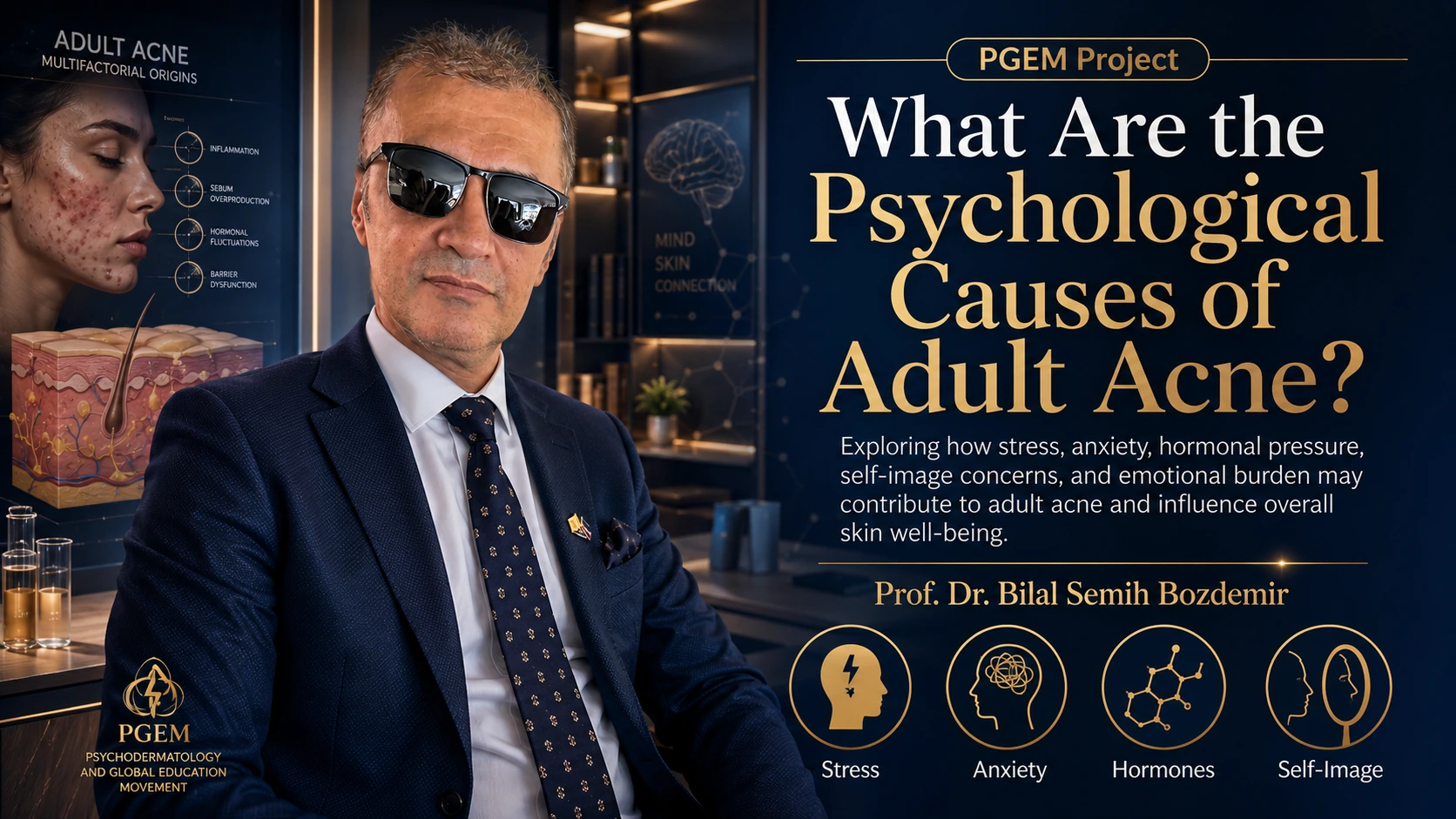 PGEM cover asking about psychological causes of adult acne, featuring Prof. Dr. Bilal Semih Bozdemir with acne, stress, anxiety, hormone and self-image graphics.