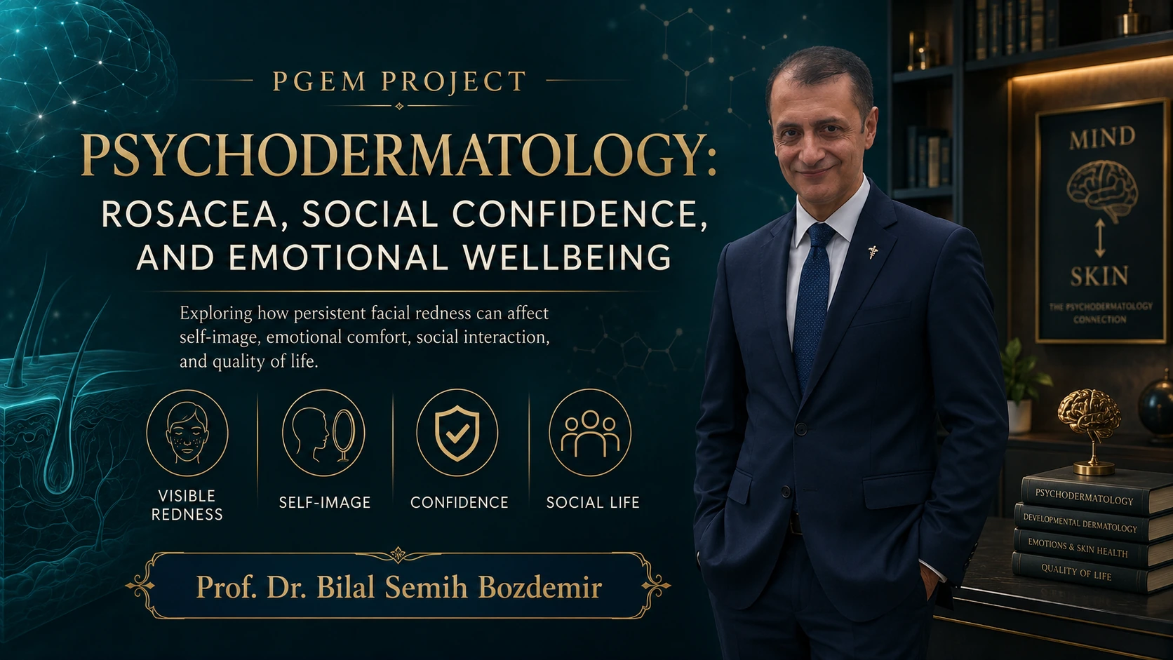 PGEM psychodermatology cover on rosacea, social confidence and emotional wellbeing featuring Prof. Dr. Bilal Semih Bozdemir with facial-redness and mind-skin imagery.